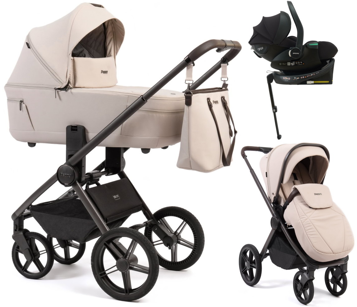 Детская коляска Peppy Monaco Thermo 4 в 1 с автокреслом Jet Black и базой Beige (молочный), рама серо-коричневая