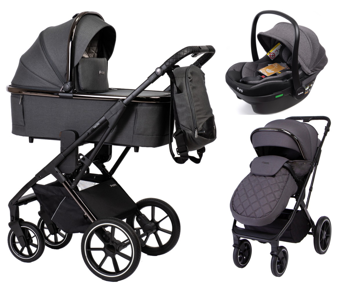 Детская коляска Peppy Tecla 3 в 1 с автокреслом Jovikids Aria Shadow Antrazit Chrome Edition (Графитовый)