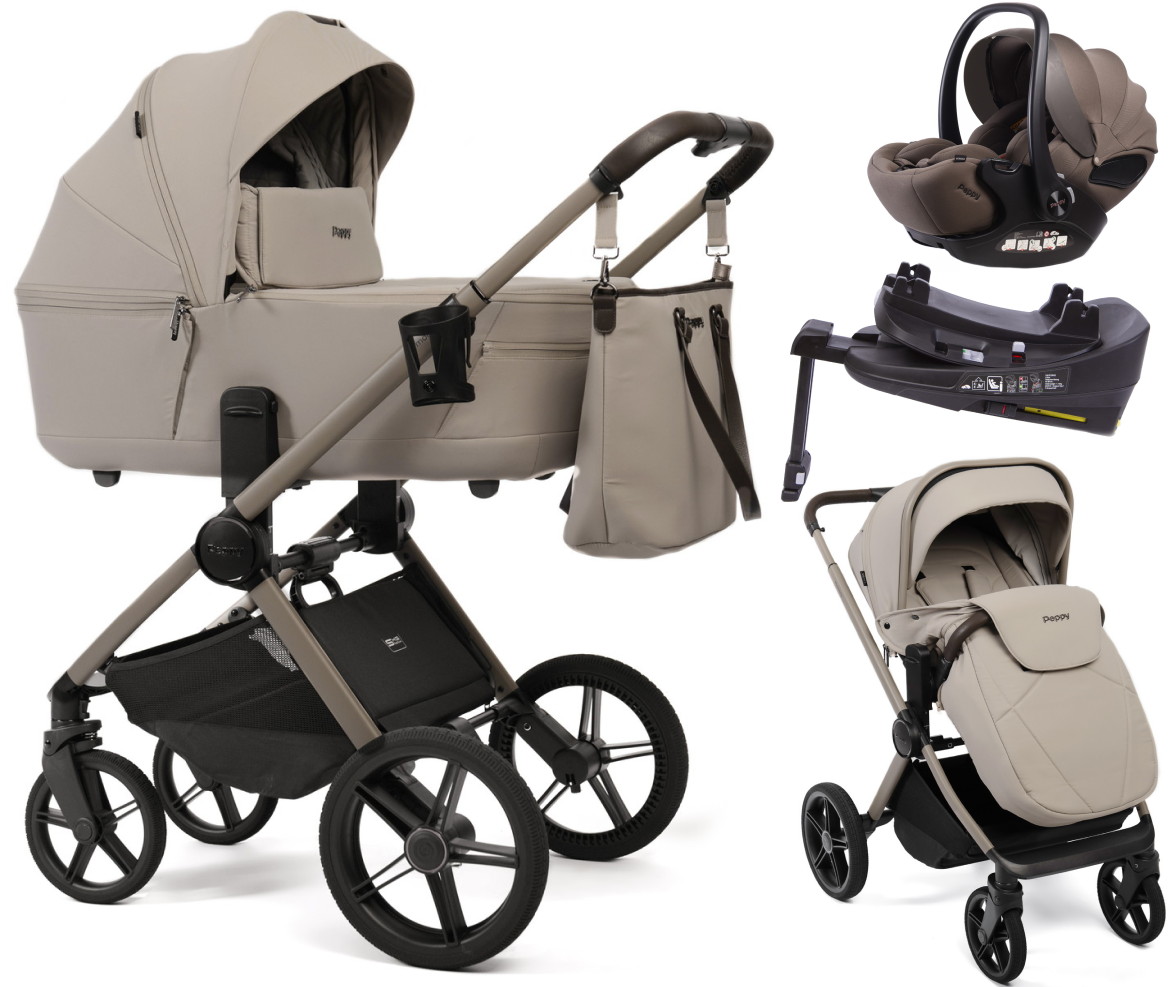 Детская коляска Peppy Monaco Thermo 4 в 1 с автокреслом Verona Brown и базой Latte (бежевый), рама бежевая