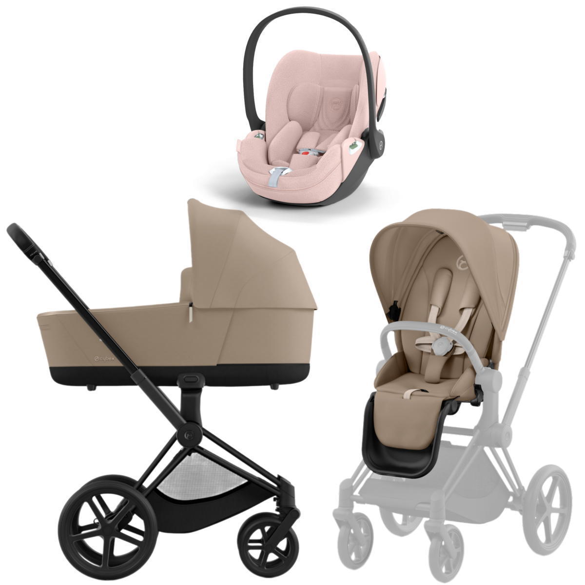 Коляска 3 в 1 Cybex Priam IV Matt Black complete и автокресло Cloud T i-Size Peach Pink Plus Cozy Beige
