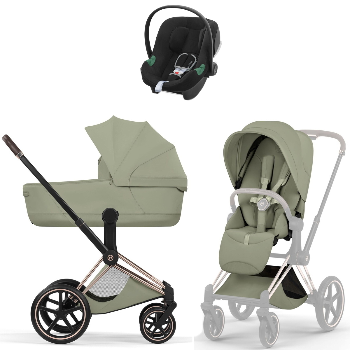Коляска Cybex Priam V Rosegold Style Aton B2 Volcano Black 3 в 1 Sage Green