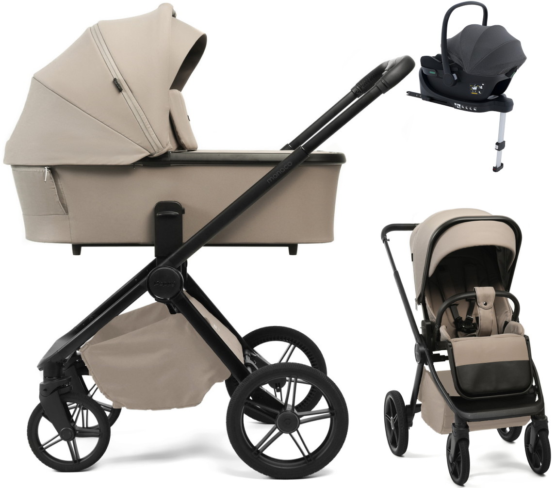 Детская коляска Peppy Monaco Plus 4 в 1 с автокреслом Jovikids Aria Black и базой Sandstone (песочный), рама черная