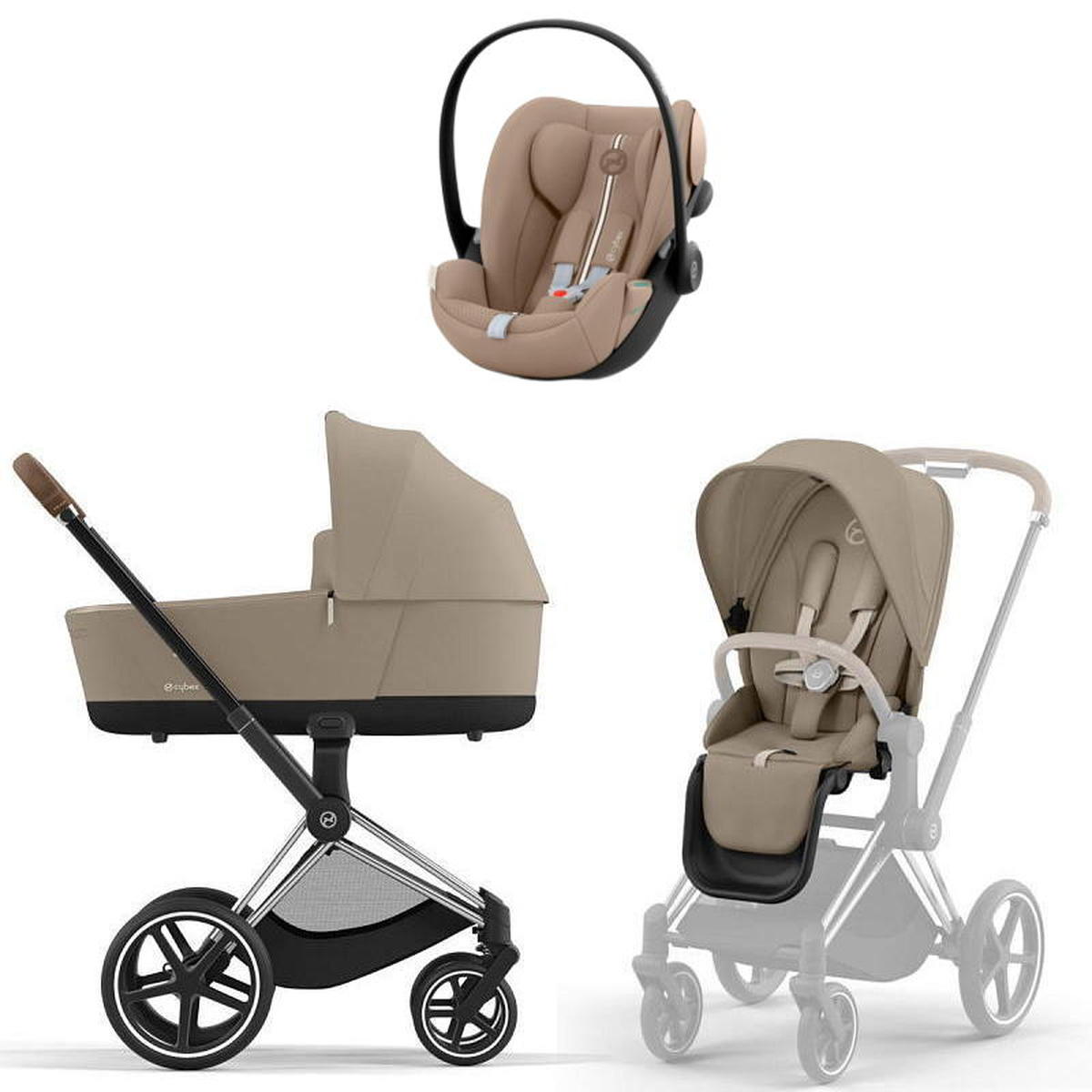 Коляска Cybex Priam IV Chrome Brown complete и автокресло Cloud G i-Size Almond Beige Plus 3 в 1 Cozy Beige