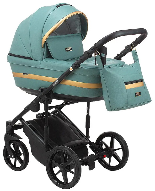 Детская коляска Adamex Rimini Deluxe 3 в 1 RI233 серо‑зелёная кожа+золото.отделка