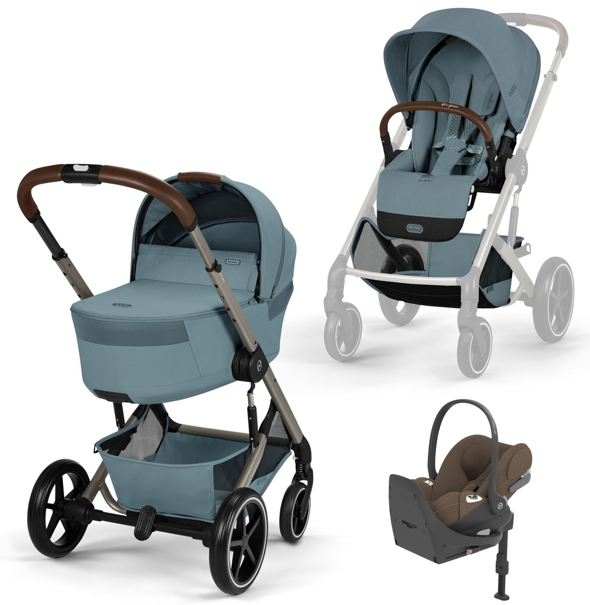 Коляска Cybex Balios S Lux Fold Cot TPE Cloud T Coconut Brown Plus Base T 4 в 1 Stormy Blue с дождевиками