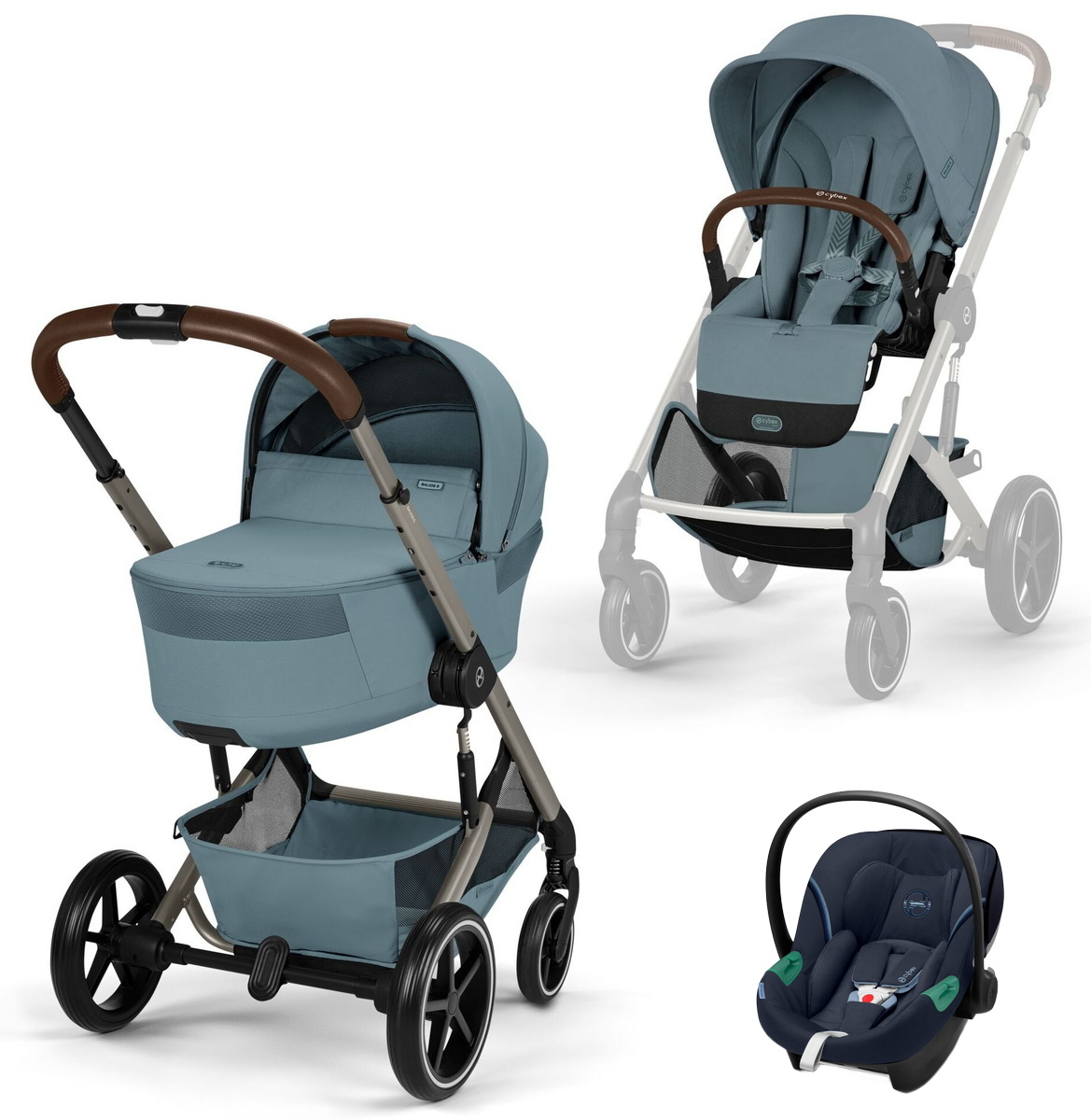 Коляска Cybex Balios S Lux Fold Cot TPE Aton S2 Ocean Blue 3 в 1 Stormy Blue с дождевиками