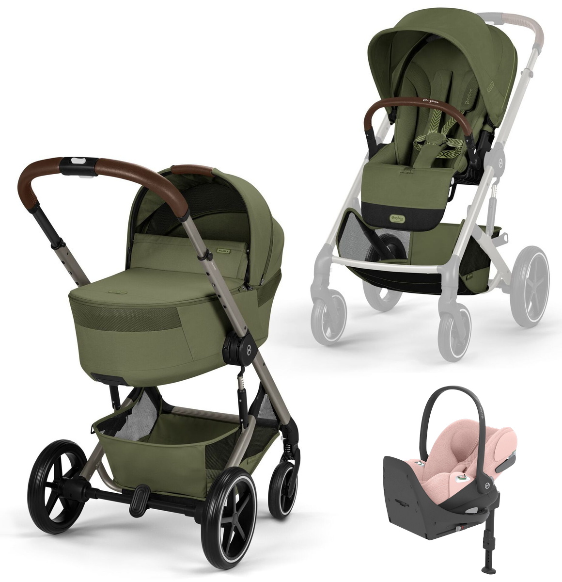 Коляска Cybex Balios S Lux Fold Cot TPE Cloud T Peach Pink Plus Base T 4 в 1 Moss Green с дождевиками