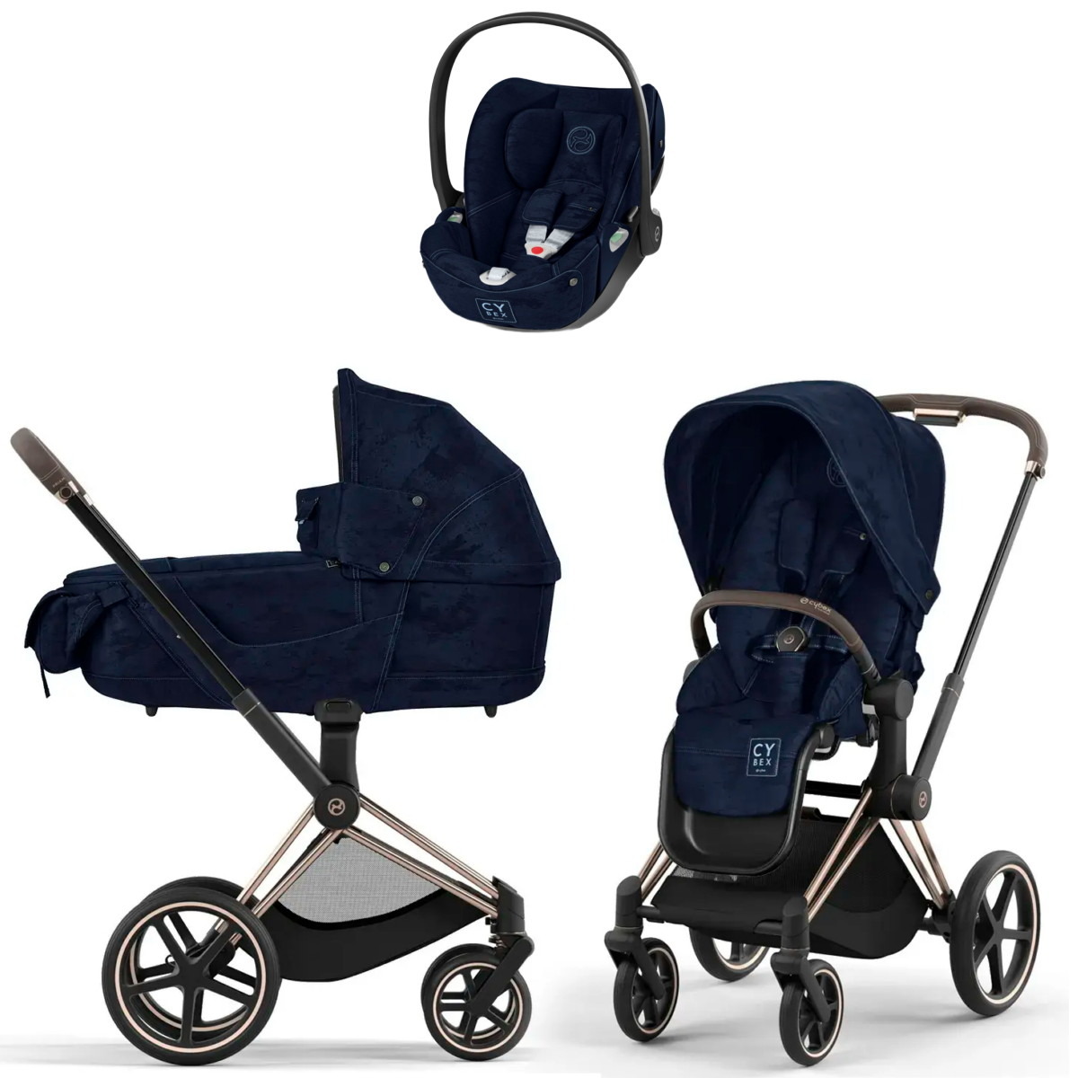 Коляска Cybex Priam IV Cloud T i-Size Fashion Collections Rebellious Luxury Denim Blue 3 в 1 Rosegold