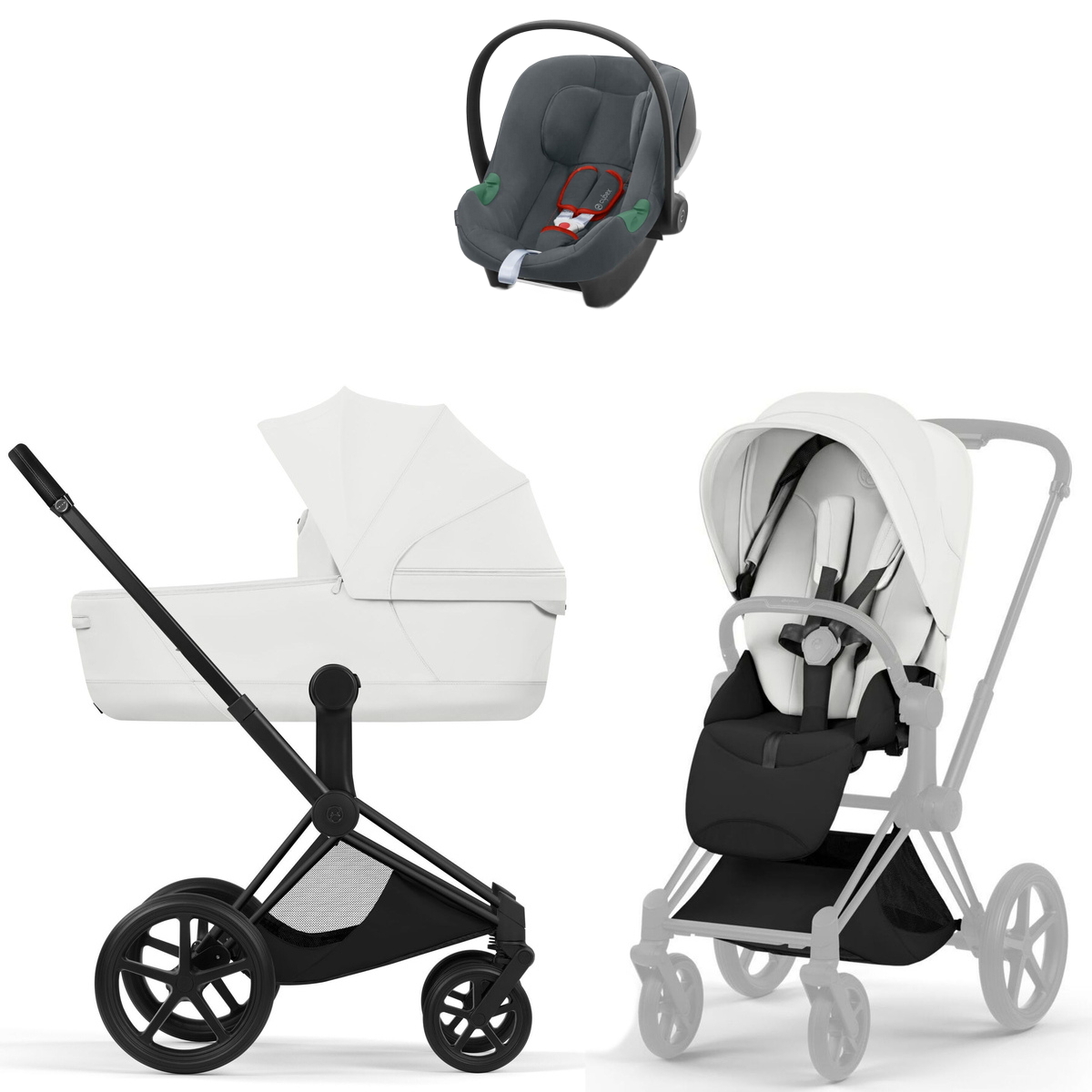 Коляска Cybex Priam V Matt Black Style Aton B2 Steel Grey 3 в 1 Off White