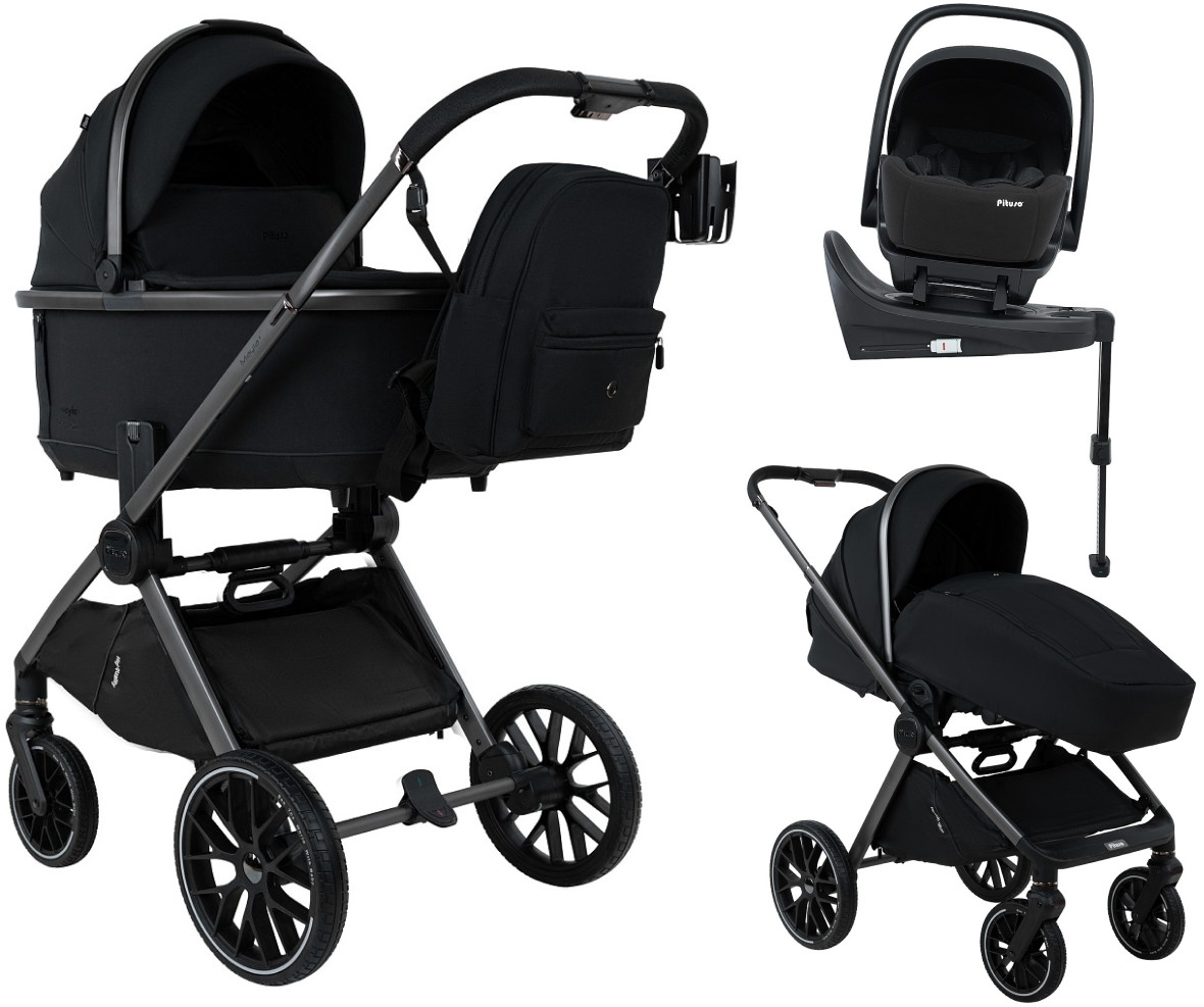 Детская коляска Pituso Mayla Plus 4 в 1 с автокреслом Baesa Black и базой Black/Graphite