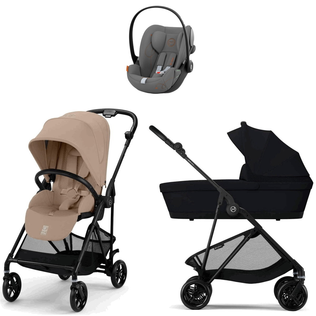 Коляска Cybex Melio Carbon Cloud G i-Size Lava Grey 3 в 1 Almond Beige/Magic Black с дождевиками