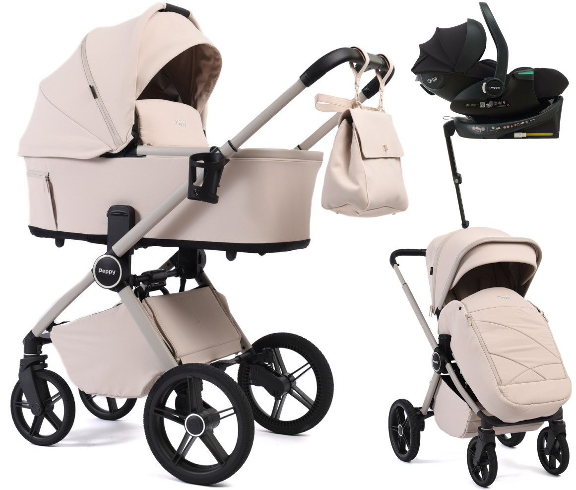 Детская коляска Peppy Monaco Plus 4 в 1 с автокреслом Jet Black и базой Cream (кремовый), рама бежевая