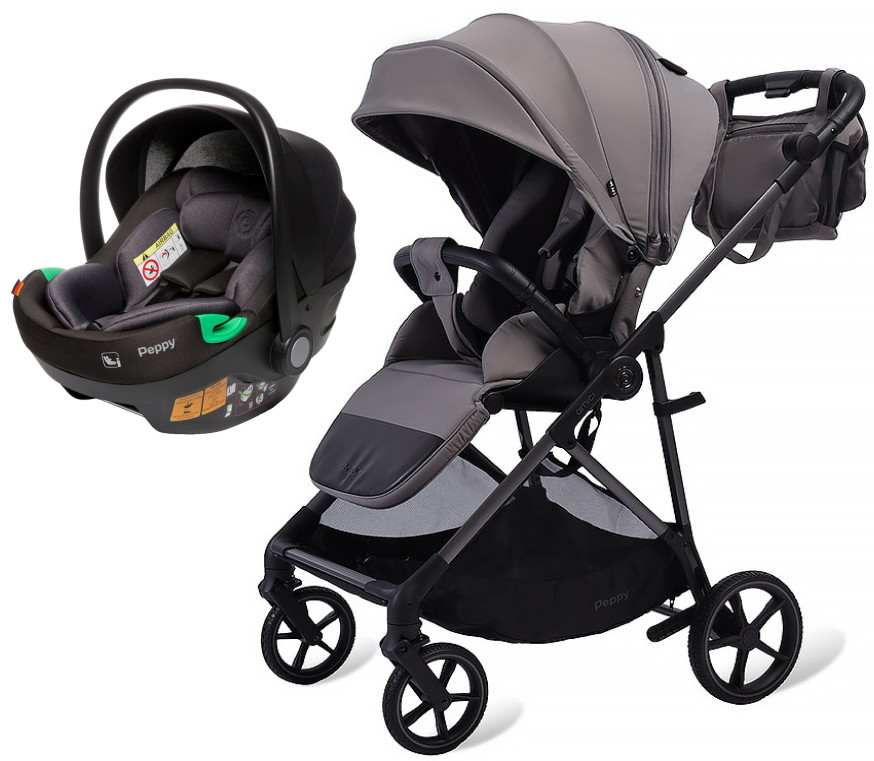 Прогулочная коляска Peppy Amici с автокреслом First Black Grey серый, рама серая