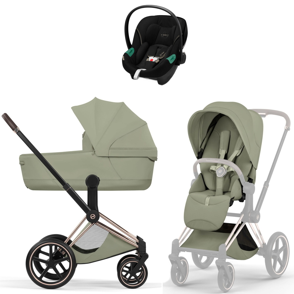 Коляска Cybex Priam V Rosegold Style Aton S2 Moon Black 3 в 1 Sage Green