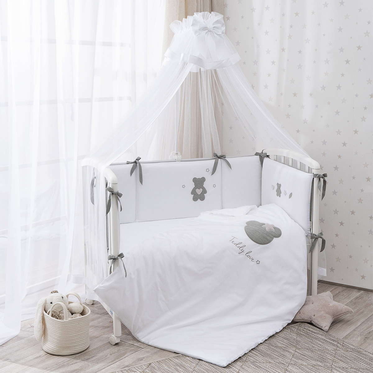 Комплект в детскую кроватку Perina Teddy love 6 предметов серо-оливковый