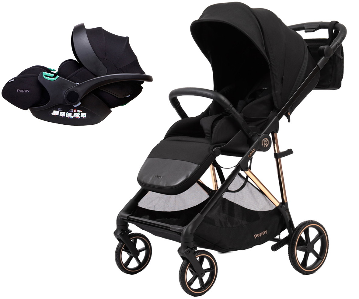 Прогулочная коляска Peppy Amici с автокреслом Verona Black Black рама Gold