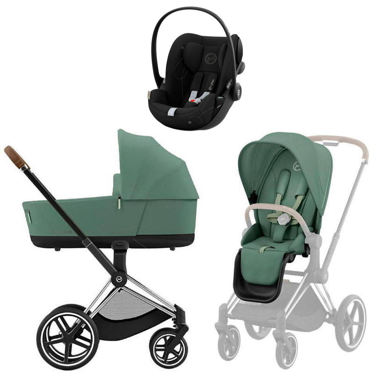 Коляска Cybex Priam IV Chrome Brown complete и автокресло Cloud G i-Size Moon Black 3 в 1 Leaf Green