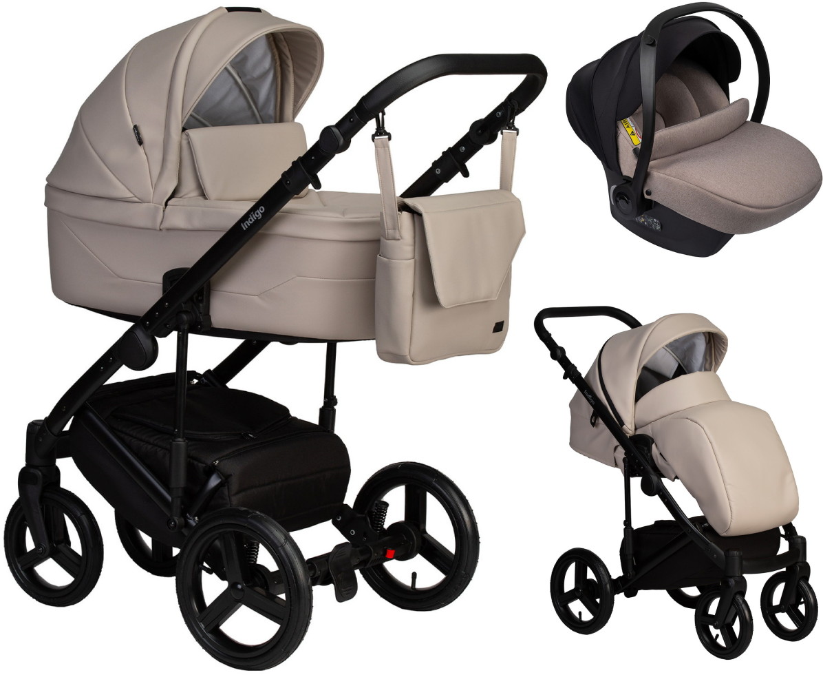 Детская коляска Indigo Lamar 3 в 1 с автокреслом Avionaut Cosmo Beige La02 св.бежевая кожа
