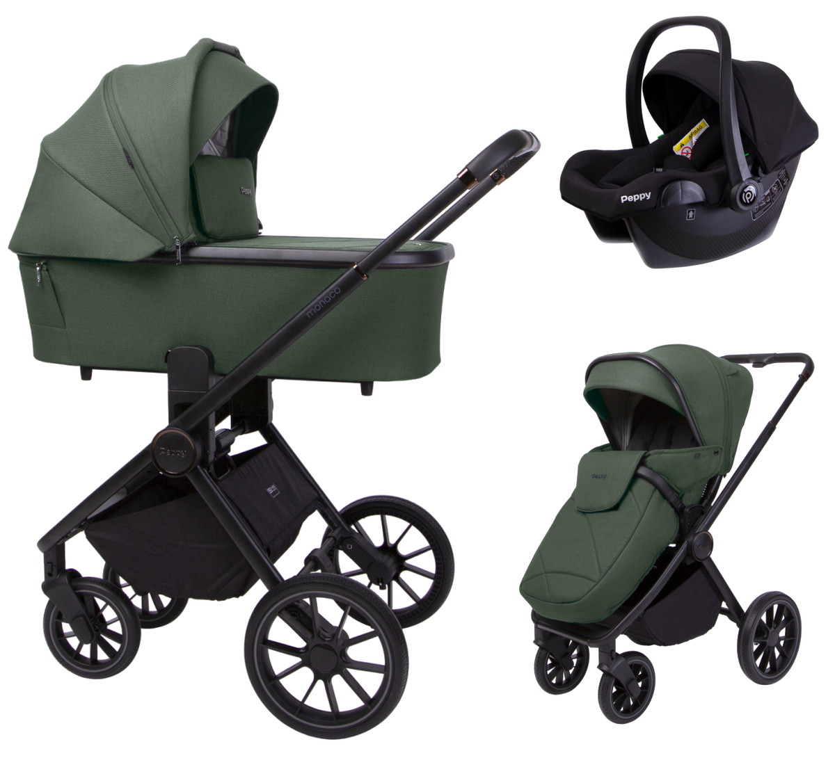 Детская коляска Peppy Monaco 3 в 1 с автокреслом Rise Black Oliva Green (зеленый), рама черная
