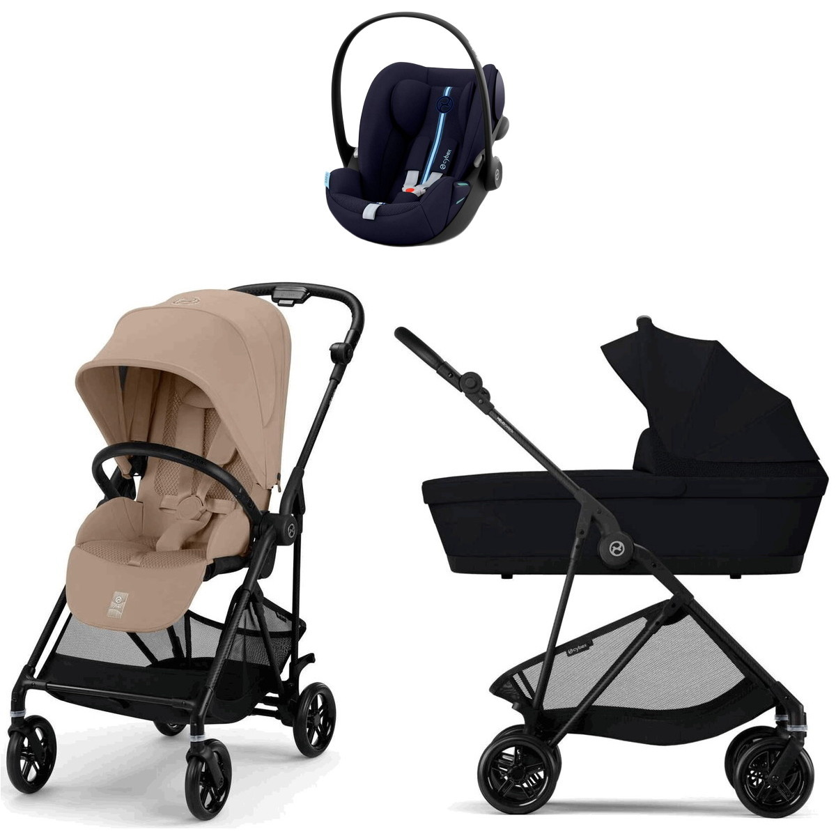 Коляска Cybex Melio Carbon Cloud G i-Size Ocean Blue Plus 3 в 1 Almond Beige/Magic Black с дождевиками