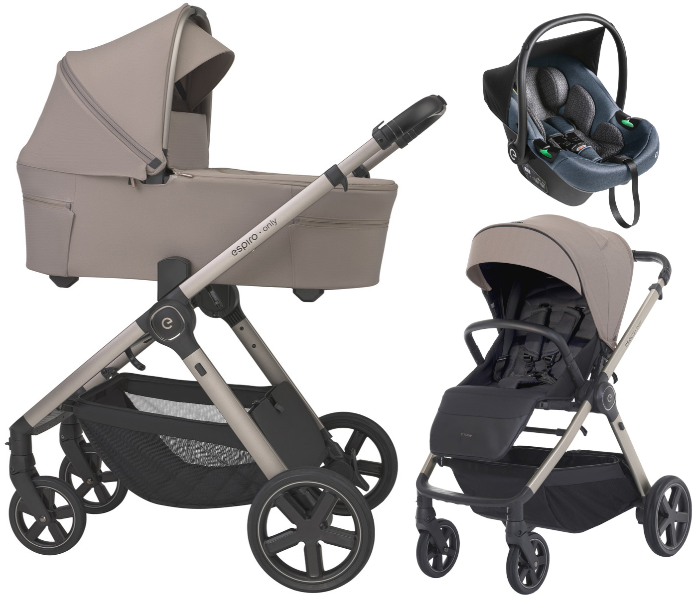 Детская коляска 3 в 1 Espiro Only 2026 и автокресло Pi Gray blue 529 sahara beige