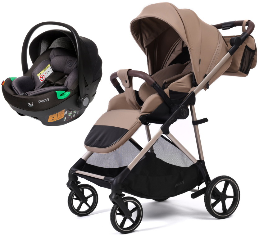Прогулочная коляска Peppy Amici с автокреслом First Black Latte рама Beige