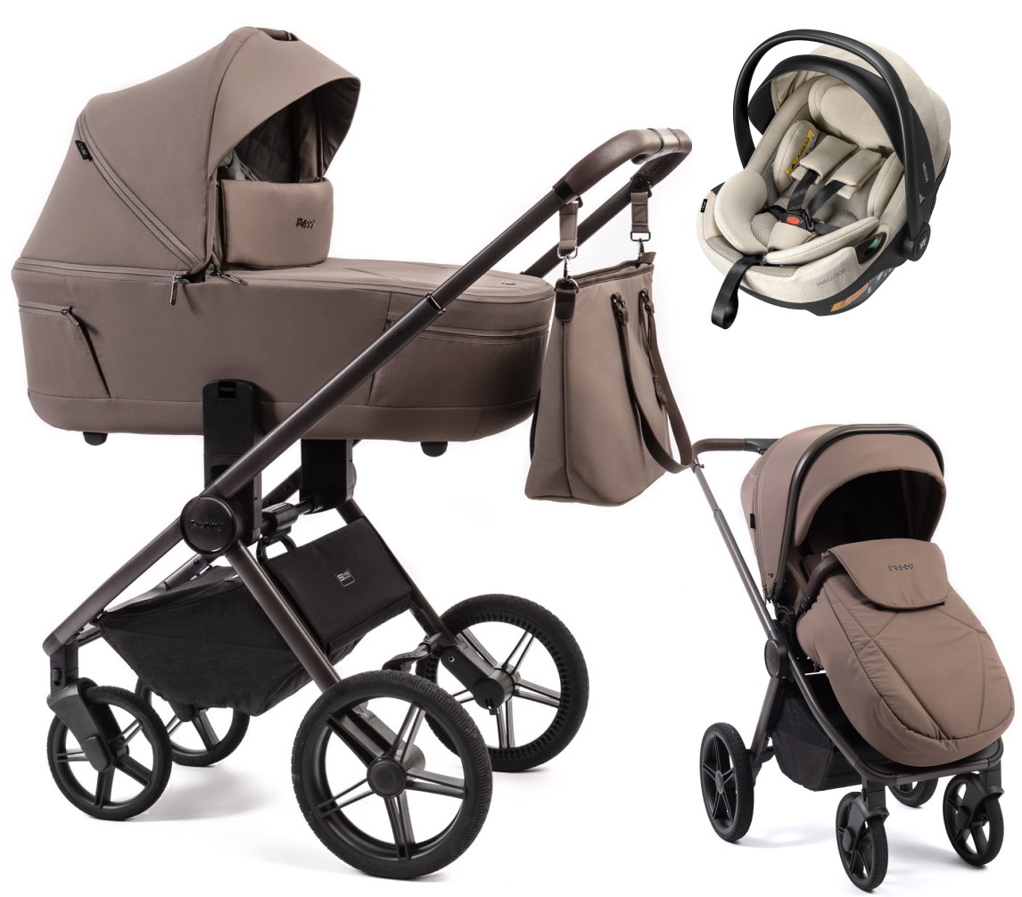 Детская коляска Peppy Monaco Thermo 3 в 1 с автокреслом Welldon Crown 2 Mocca (кофе), рама серо-коричневая