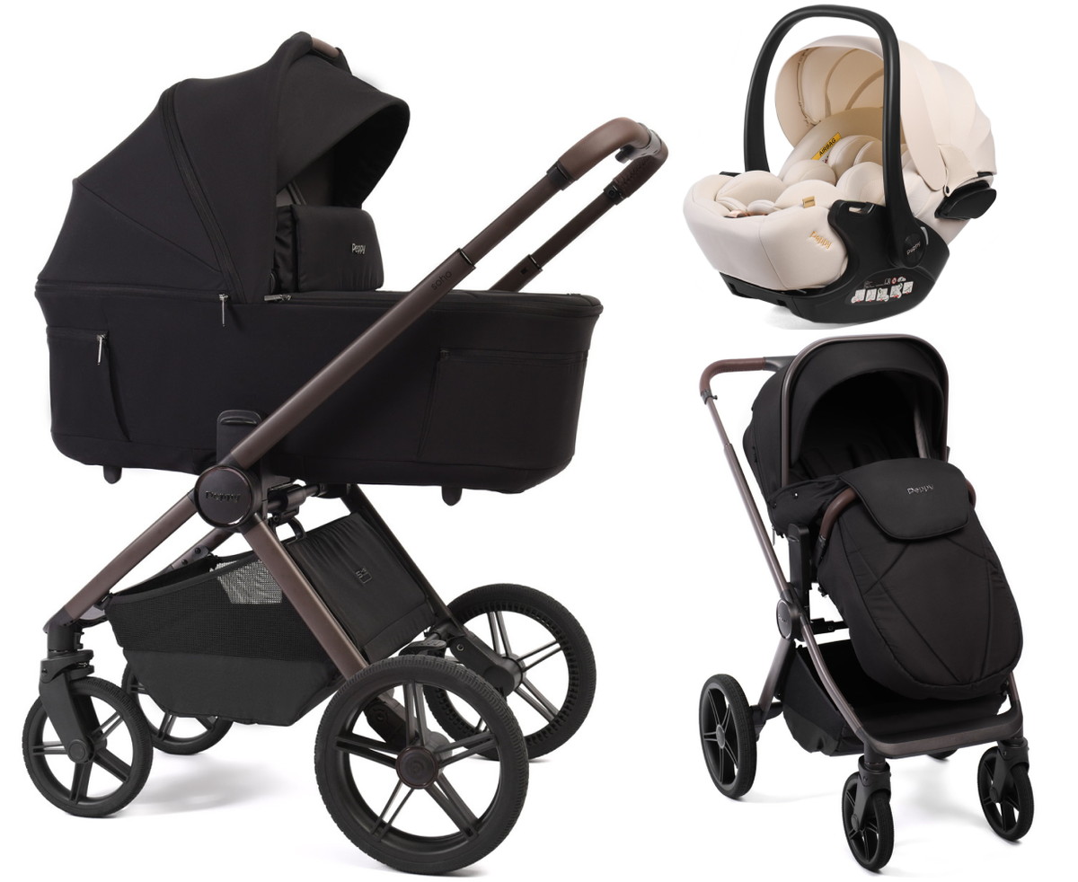 Детская коляска Peppy Soho 3 в 1 с автокреслом Verona Beige Black (черный) рама шоколад