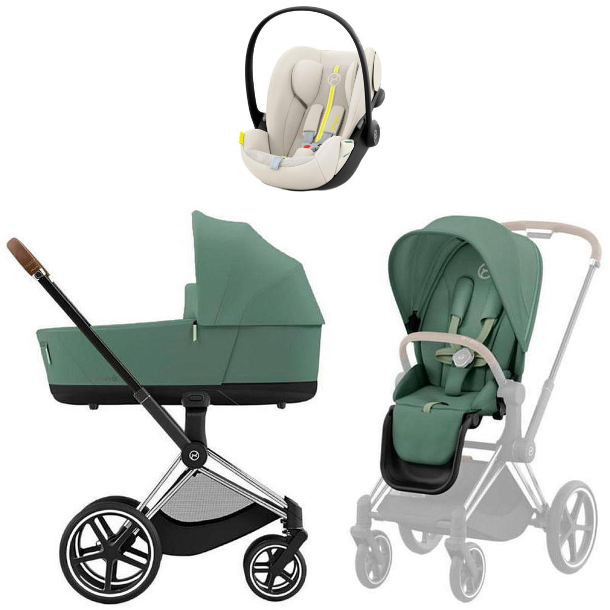 Коляска Cybex Priam IV Chrome Brown complete и автокресло Cloud G i-Size Seashell Beige Plus 3 в 1 Leaf Green