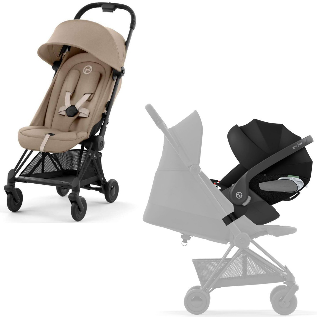 Коляска Cybex Coya Matt Black Frame Cloud T i-Size Sepia Black Cozy Beige с дождевиком и бампером