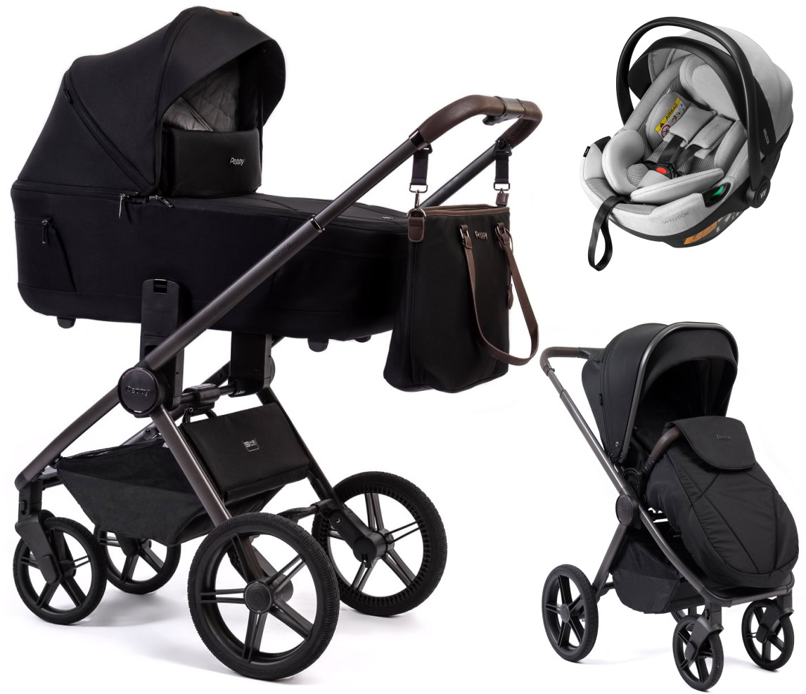 Детская коляска Peppy Monaco Thermo 3 в 1 с автокреслом Welldon Crown 2 Grey Black (черный), рама серо-коричневая