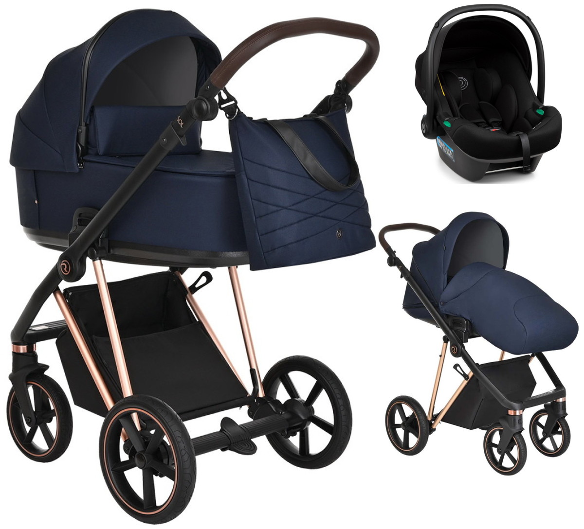 Детская коляска Roan Sol Luxury 3 в 1 с автокреслом Tutis Elo Lux Black RSL/4047 Mystic Blue/Rose Gold
