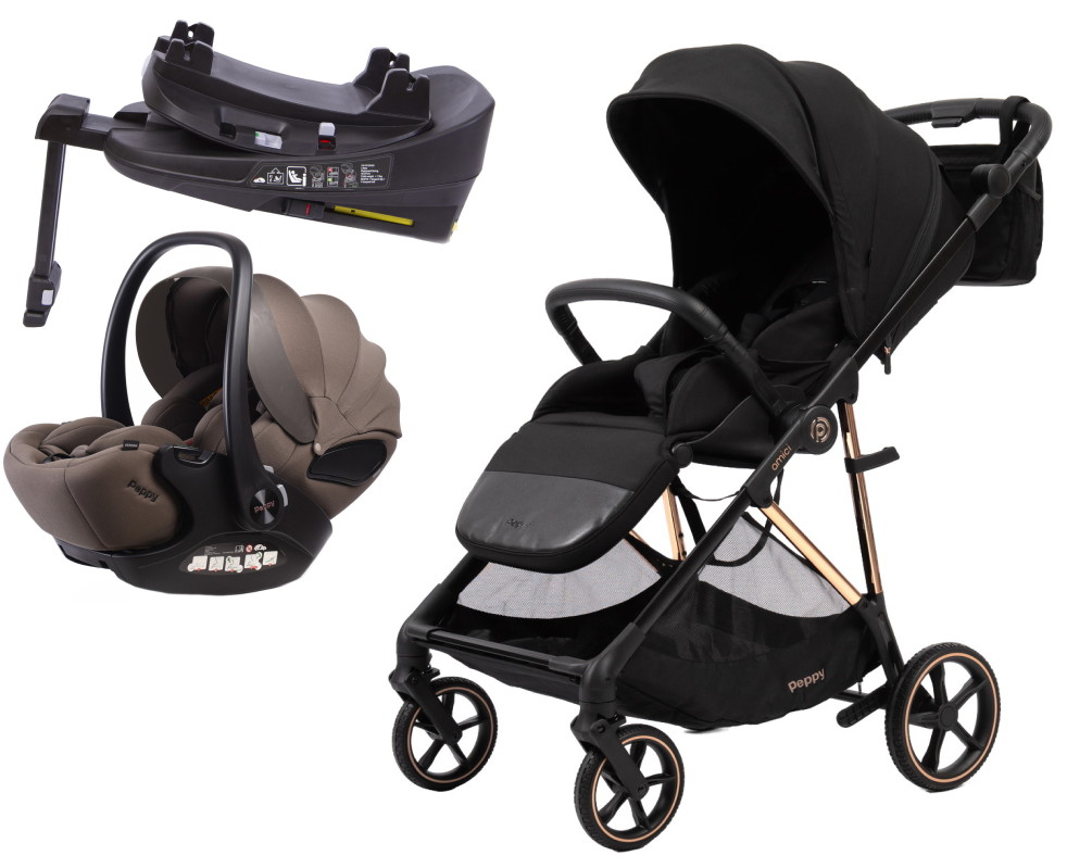 Прогулочная коляска Peppy Amici с автокреслом Verona Brown и базой Black рама Gold