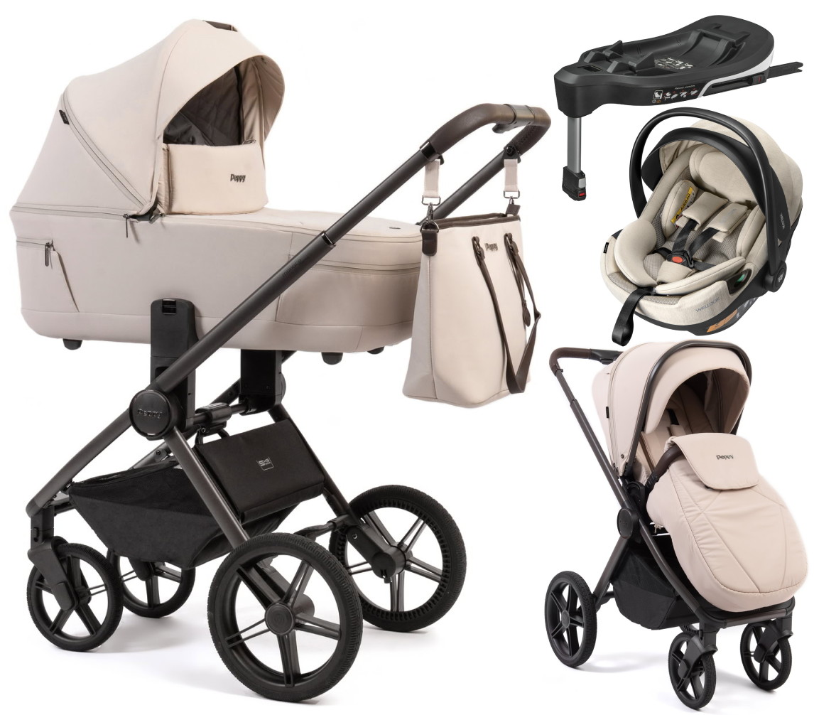 Детская коляска Peppy Monaco Thermo 4 в 1 с автокреслом Welldon Crown 2 и базой Beige (молочный), рама серо-коричневая