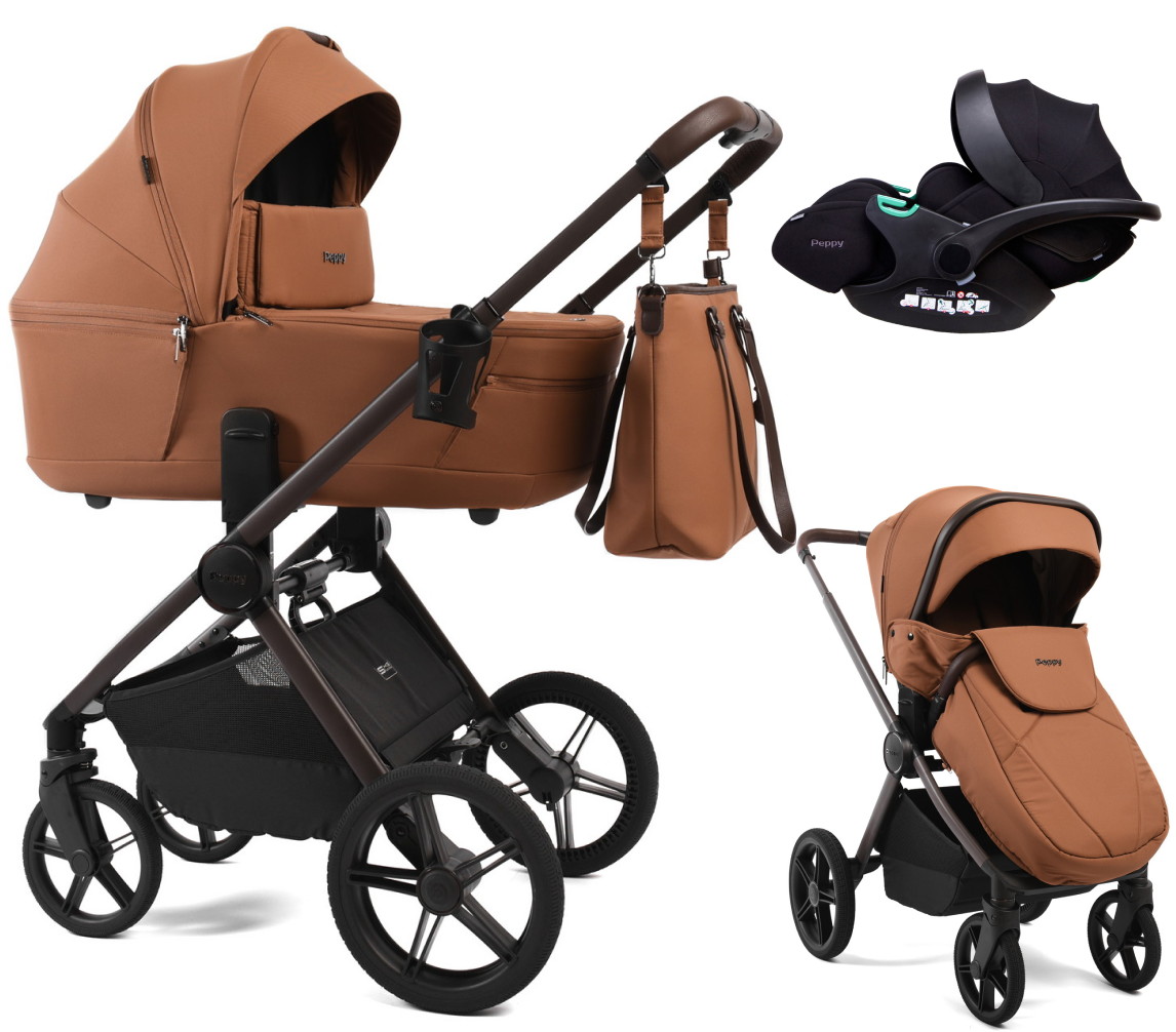 Детская коляска Peppy Monaco Thermo 3 в 1 с автокреслом Verona Black Biscuit (бисквит), рама серо-коричневая