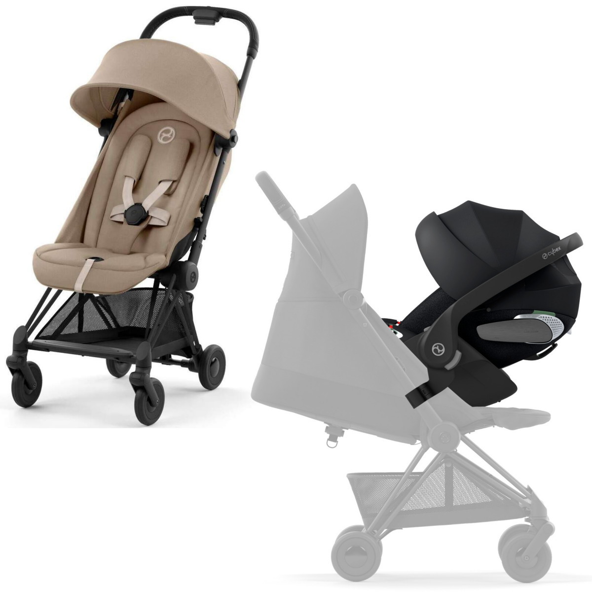 Коляска Cybex Coya Matt Black Frame Cloud T i-Size Sepia Black Plus Cozy Beige с дождевиком и бампером