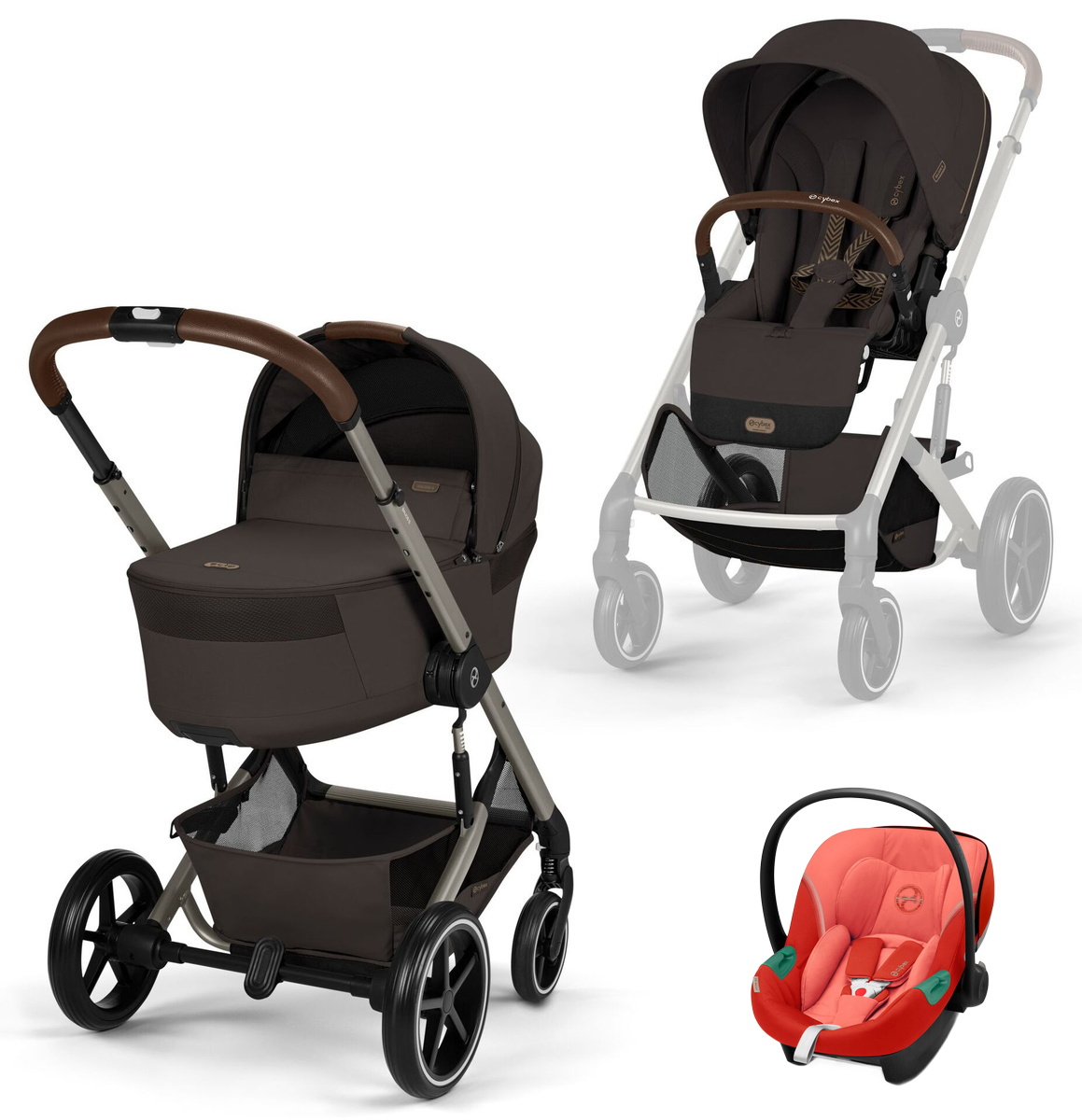 Коляска Cybex Balios S Lux Fold Cot TPE Aton S2 Hibiscus Red 3 в 1 Chocolate Brown с дождевиками