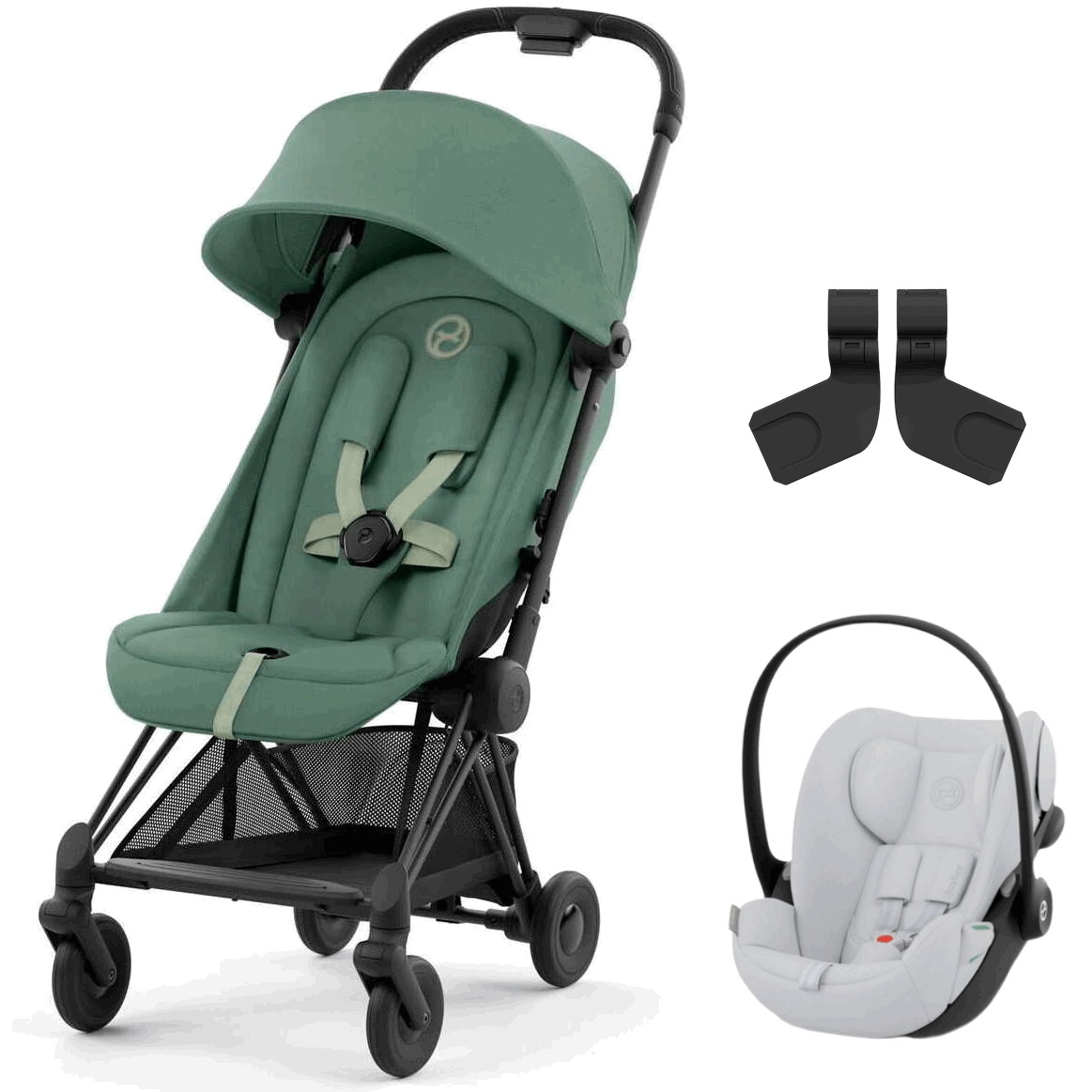 Коляска Cybex Coya Matt Black Frame Cloud G i-Size Fog Grey Leaf Green с дождевиком