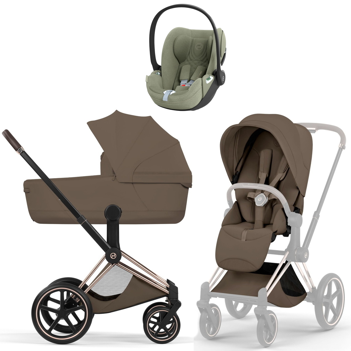 Коляска Cybex Priam V Rosegold Style Cloud T Sage Green Plus 3 в 1 Coconut Brown