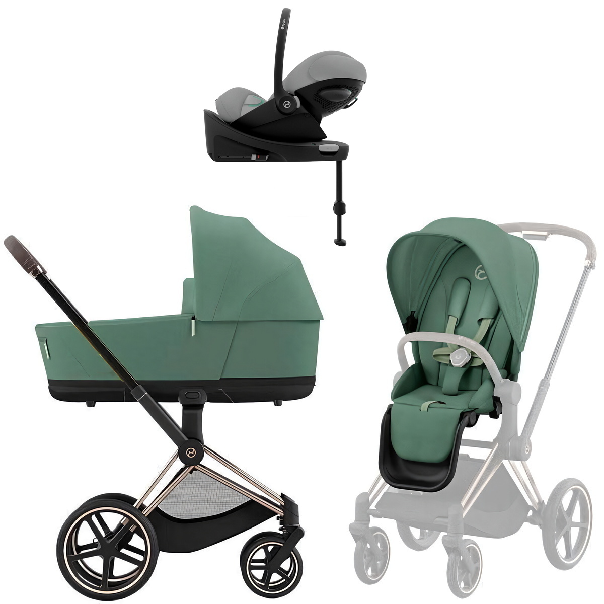 Коляска Cybex Priam IV Rosegold complete Cloud G3 Stone Grey Plus Base G3 4 в 1 Leaf Green