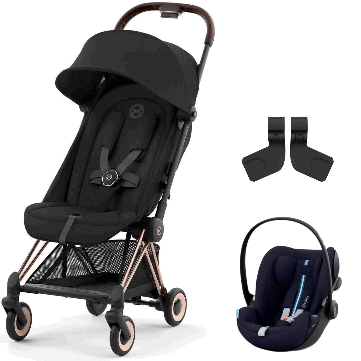 Коляска Cybex Coya Rosegold Frame Cloud G i-Size Ocean Blue Plus Sepia Black с дождевиком и бампером