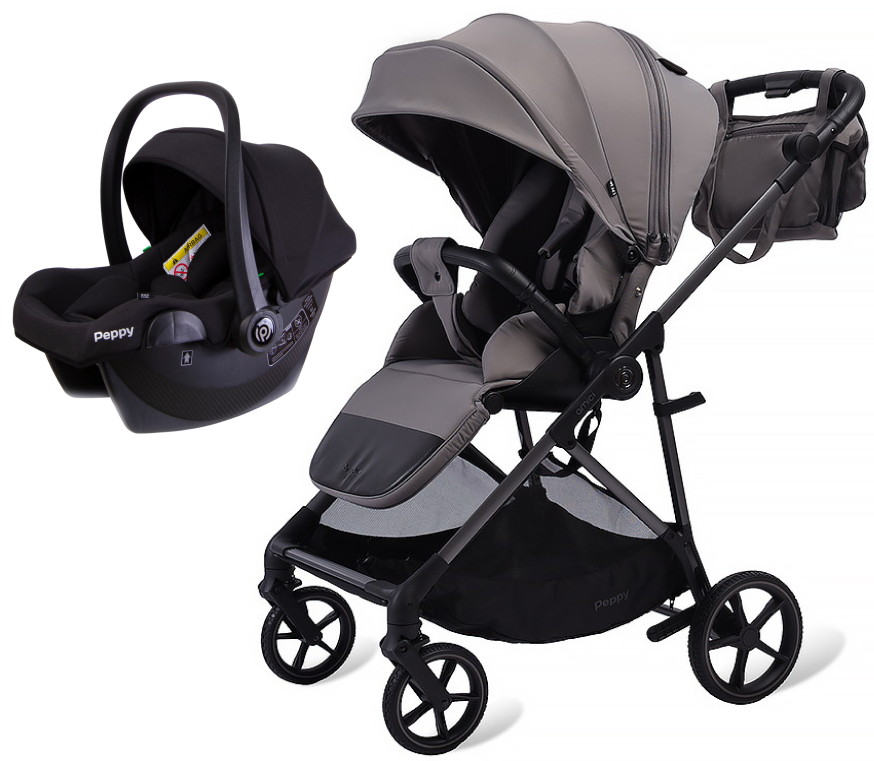 Прогулочная коляска Peppy Amici с автокреслом Rise Black Grey серый, рама серая