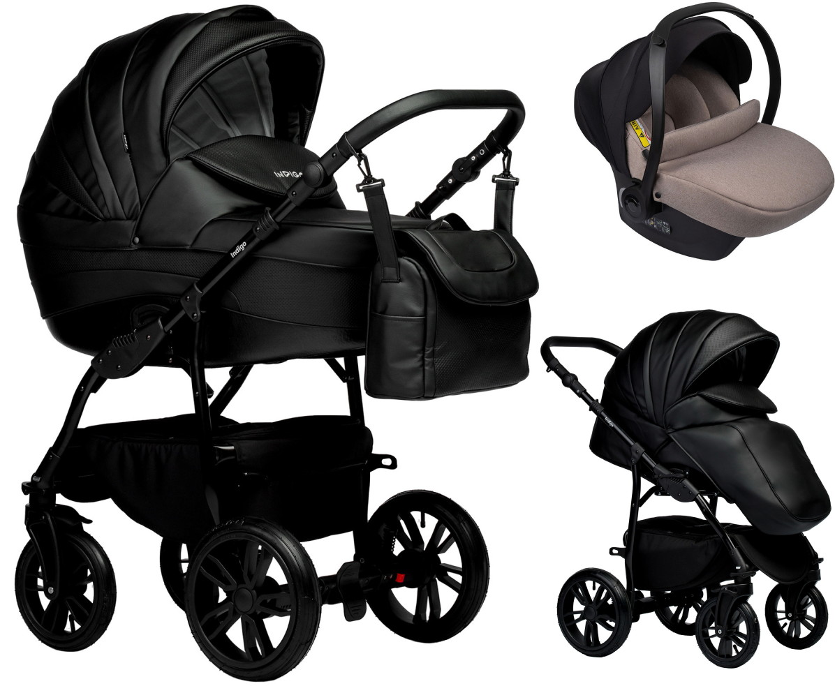 Детская коляска Indigo Indigo Special New 3 в 1 с автокреслом Avionaut Cosmo Beige Is03 черная кожа