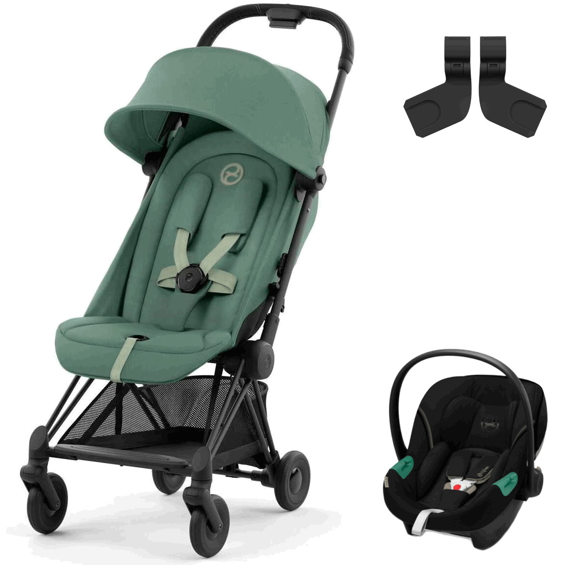 Коляска Cybex Coya Matt Black Frame Aton S2 i-Size Moon Black Leaf Green с дождевиком и бампером