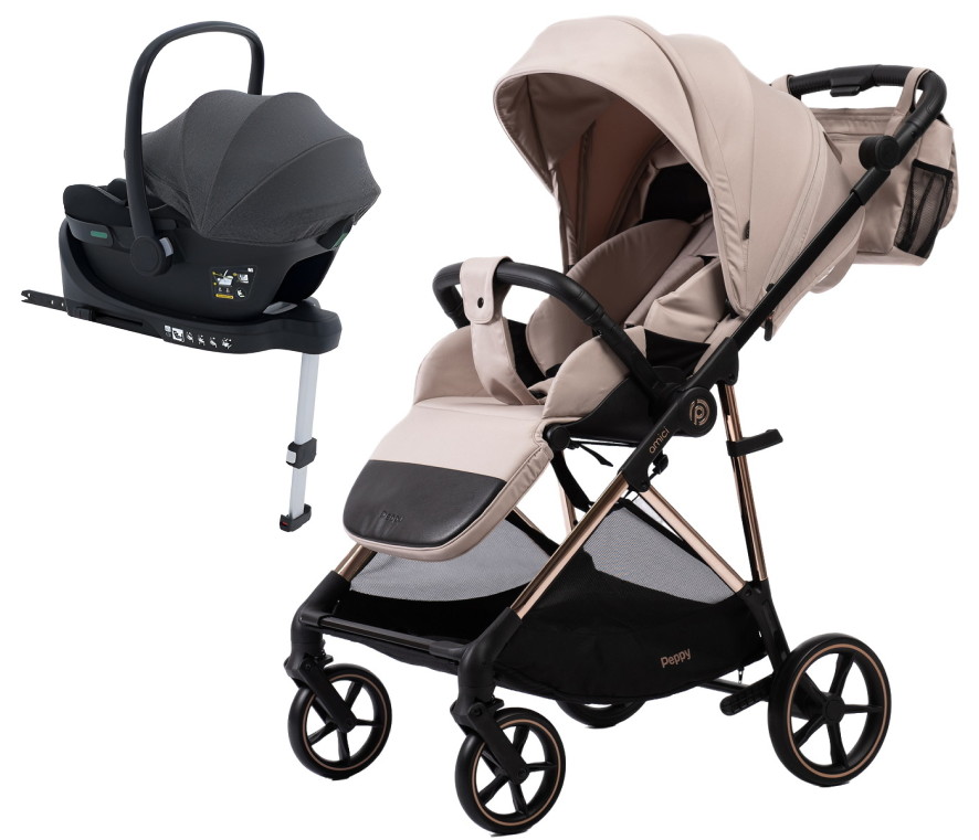 Прогулочная коляска Peppy Amici с автокреслом Jovikids Aria и базой Beige рама Gold
