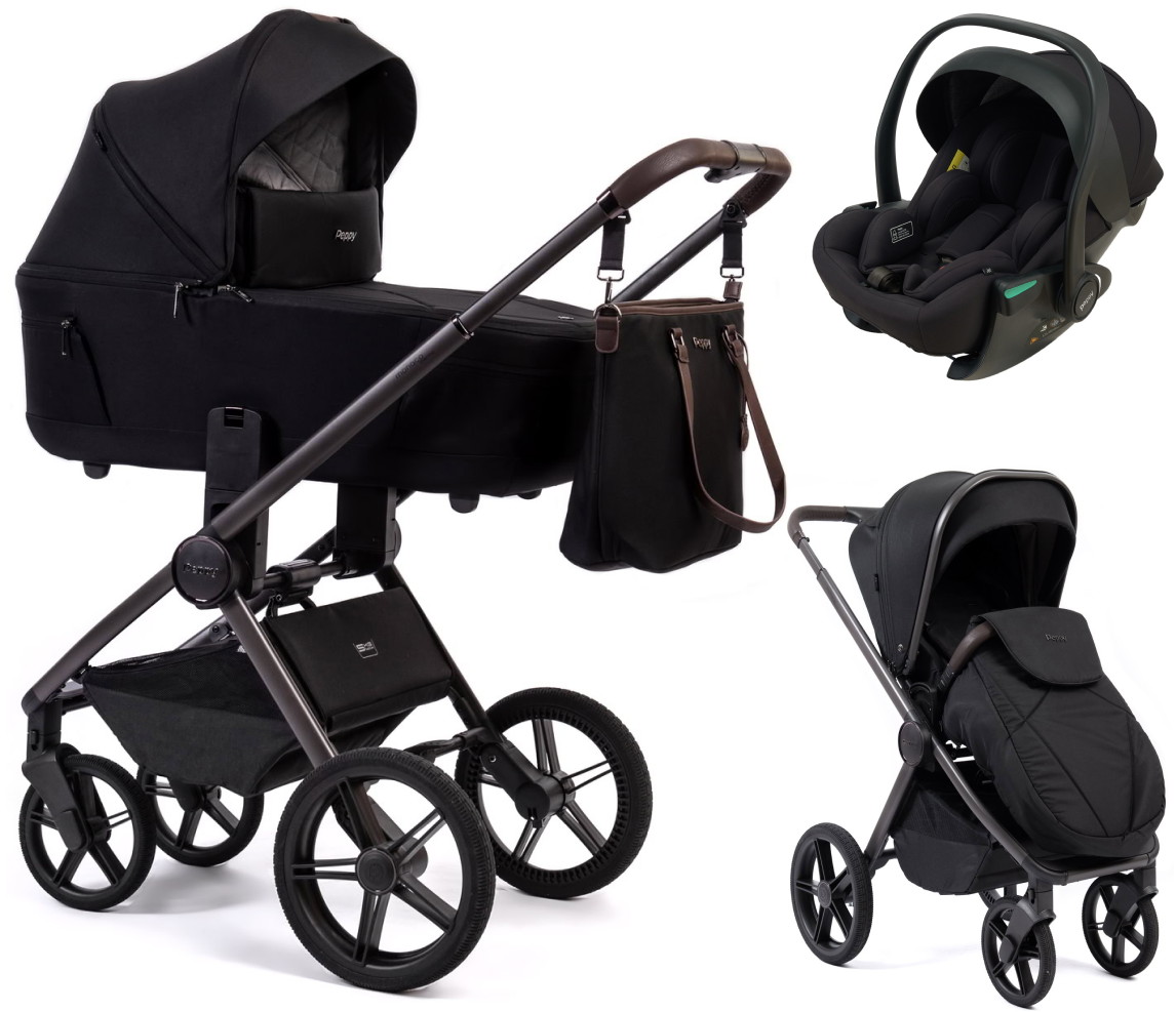 Детская коляска Peppy Monaco Thermo 3 в 1 с автокреслом Jet Black Black (черный), рама серо-коричневая