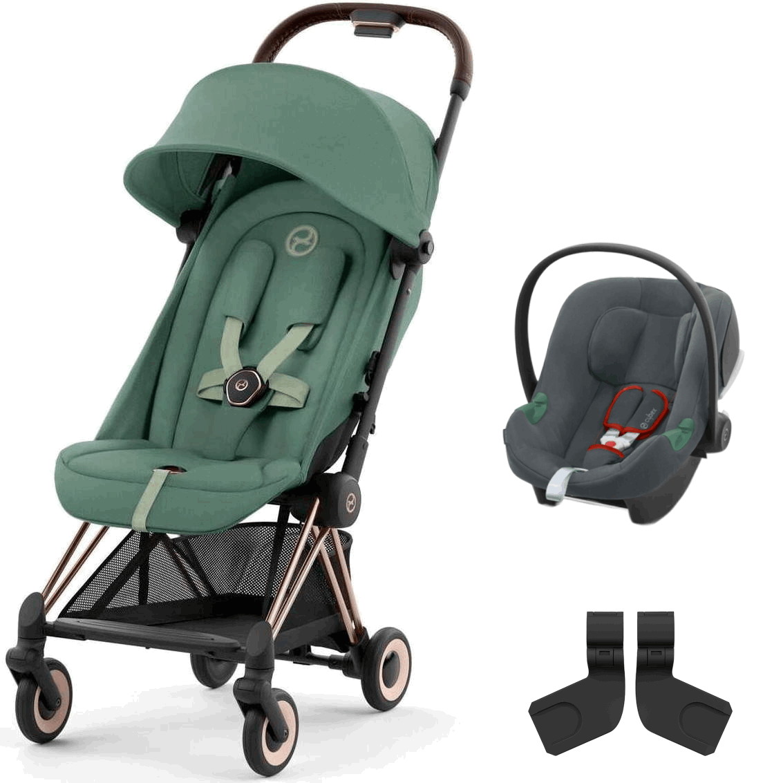 Коляска Cybex Coya Rosegold Frame Aton B2 i-Size Steel Grey Leaf Green с дождевиком и бампером