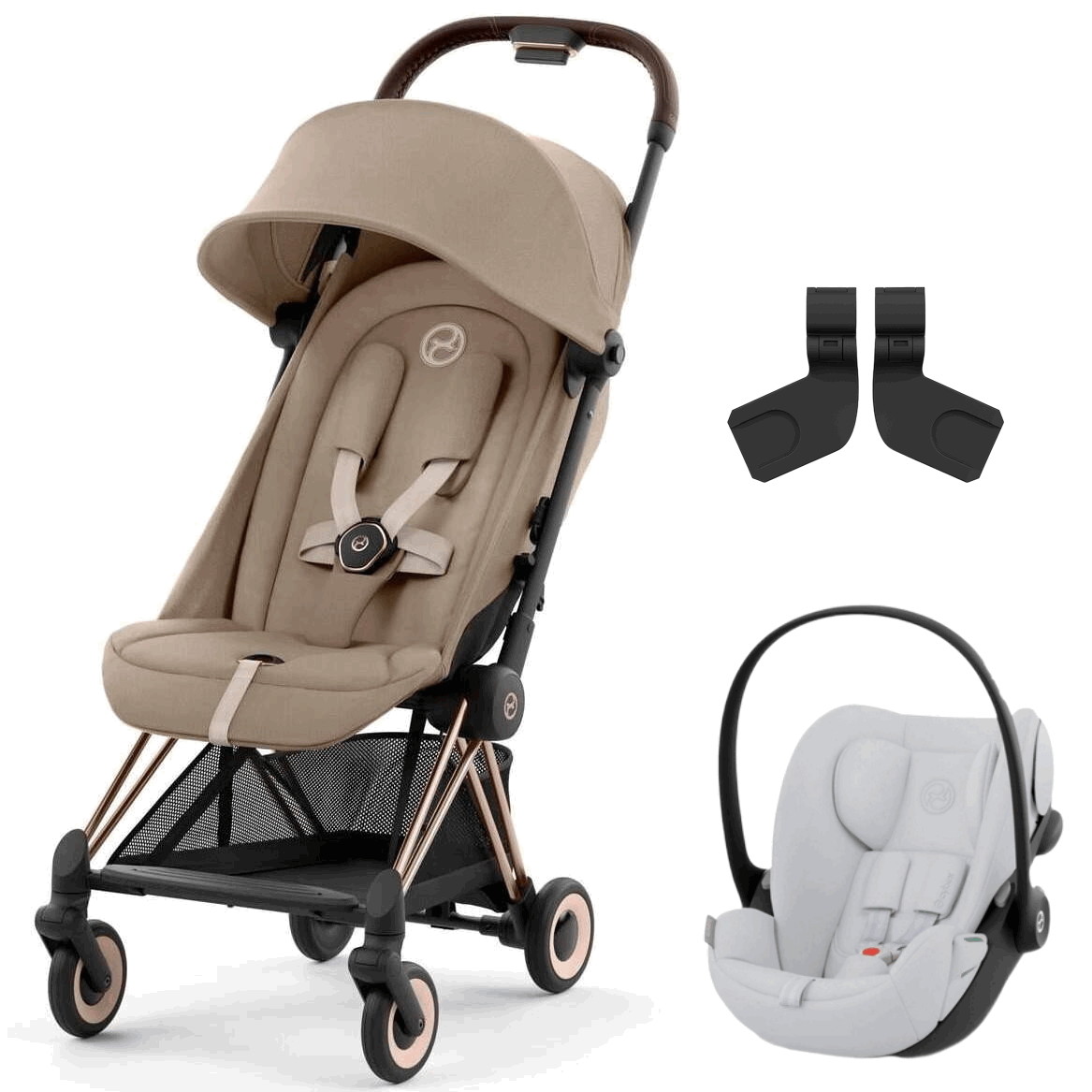 Коляска Cybex Coya Rosegold Frame Cloud G i-Size Fog Grey Cozy Beige с дождевиком и бампером