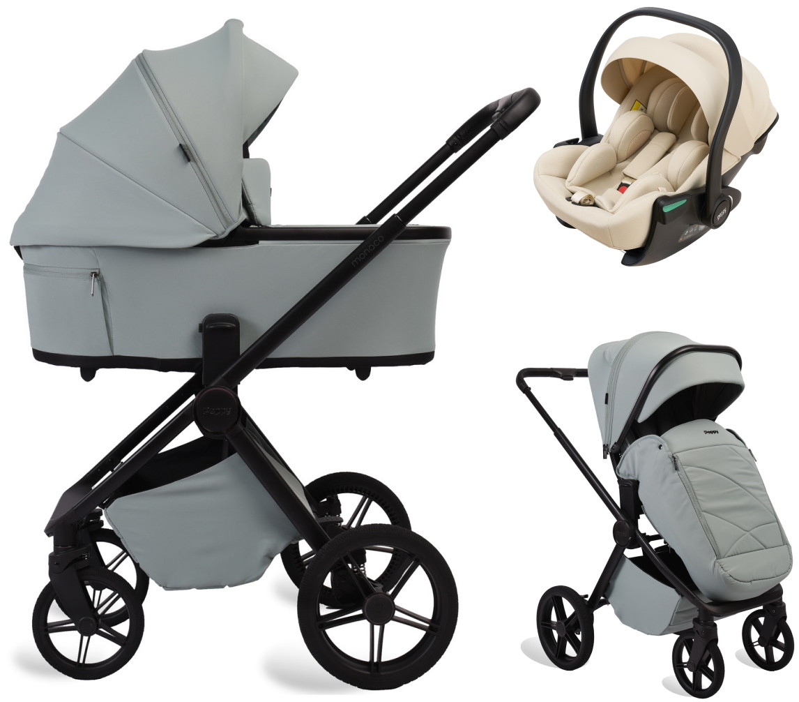 Детская коляска Peppy Monaco Plus 3 в 1 с автокреслом Jet Beige Mint (мятный), рама черная
