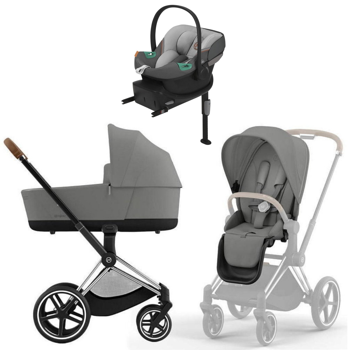 Коляска Cybex Priam IV Chrome Brown complete Aton S2 Lava Grey Base One 3 в 1 Mirage Grey